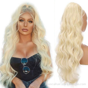 Long Wavy Ponytail Hair Synthetic Drawstring Ponytail Clip in Hairpiece Black Wave Ponytail for Black Women >=60% Who slesale